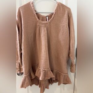 Free People Textured Tan Blouse with Ruffles